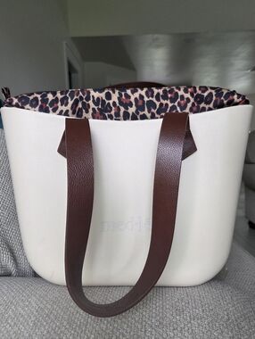 Medlee Cream Tote Bag with Brown Handles and Leopard Liner